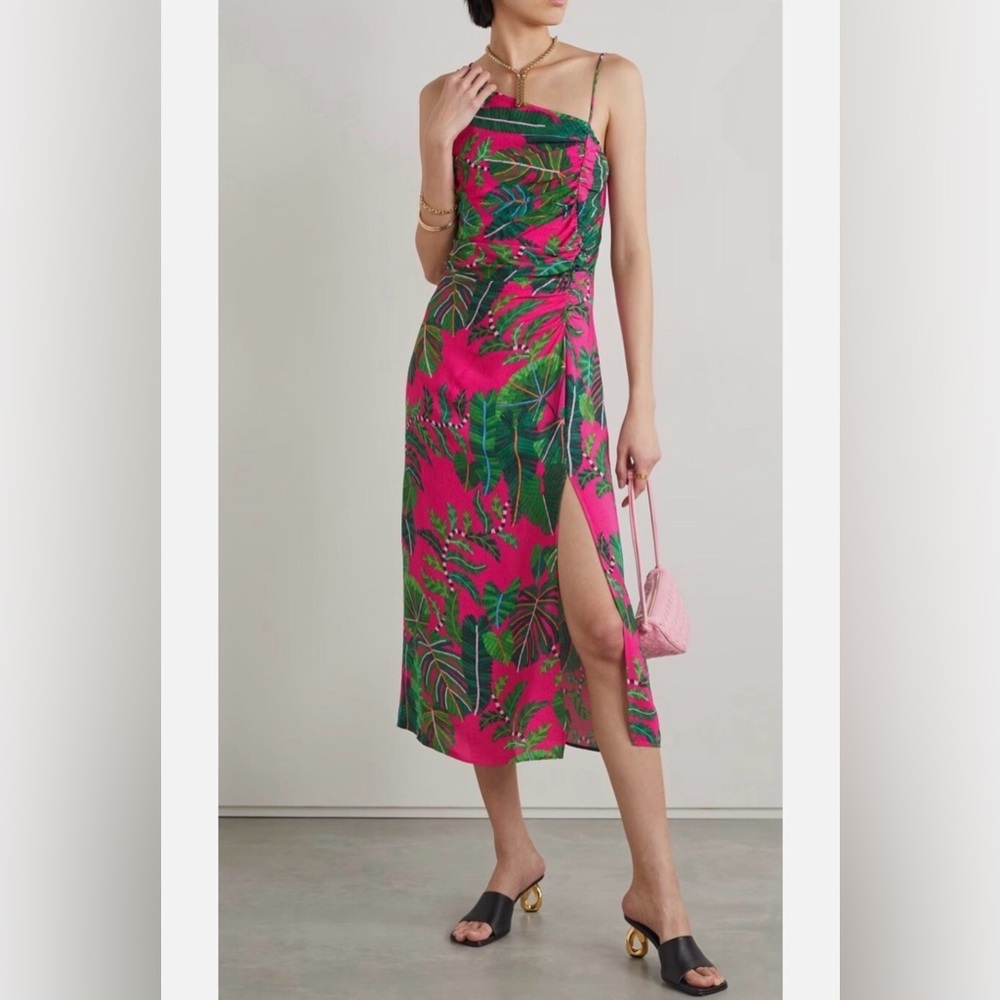 FARM Rio pink/green assymetrical midi dress, NWOT, Size XS
